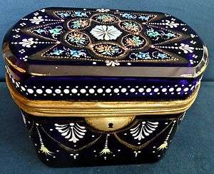Antique hinged glass Casket, enameled and painted all over , Moser 