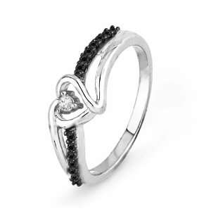   Silver Round Diamond Black And White Heart Promise Ring (1/10 cttw