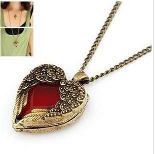 Steampunk Vintage Red Heart Necklace Court Carved Sweater chain Angel 