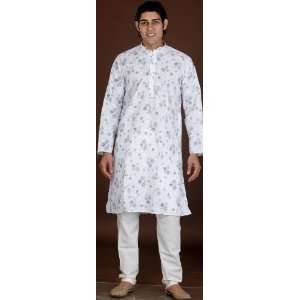   Kurta Pajama with Floral Print and All Over Thread Work   Pure Cotton