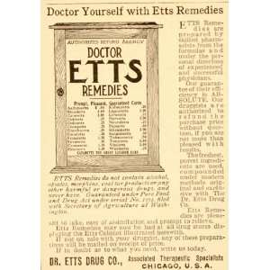   Medical Quackery Dr. Etts Remedies Cure   Original Print Ad Home