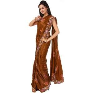  Brown Ari Embroidered Sari with Self Weave and Sequins 