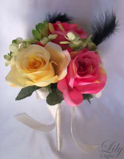   Bouquet Flowers FUCHSIA YELLOW GREEN CLOVER Bride Corsage  