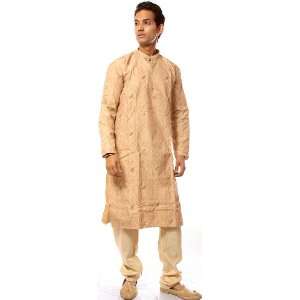  Buff Paisley Kurta Pajama with Self Weave and Embroidered 