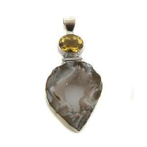   of Kind Oval Faceted Citrine with Druzy 925 Sterling Silver Pendant
