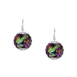  Earring Circle Charm Red Eyed Tree Frog on Purple Leaf 