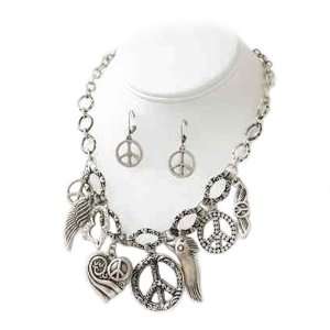  Silvertone Peace Charm Necklace and Earrings Set Fashion 