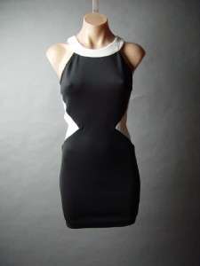 Black White Color Block Mod 60s Runway Style Side Cutout Fitted Sheath 