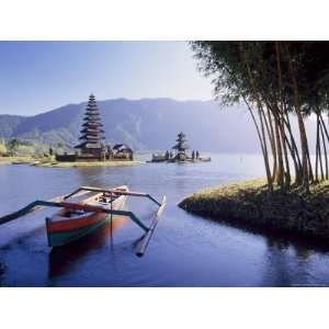 Moored Boat Before the Danu Temple, Beside Lake Ulu, Bratan, Bali 