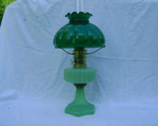   Jade Green Corinthian Moonstone Oil Lamp, Model B Burner, Melon Shade