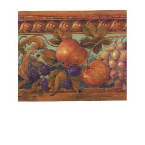  Wallpaper Border Tuscan Fruit on Aqua Background with Faux Wood 