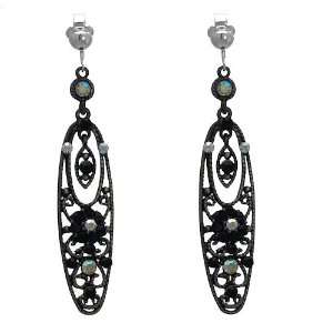    Genovena Antique Silver Black AB Crystal Clip On Earrings Jewelry