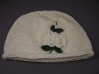 Cream Off White crochet beaded flower knit ski hat cap beanie winter 