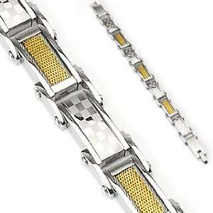    Mens Gold Mesh and White Checkered Flag Bracelet 16MM Wide Jewelry