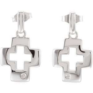 Sterling Silver Pair .015 Ct Tw Cross earrings W/Backs/Rhoium Plate 