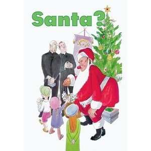 Santa Gives Toys to Children while Two Priests Look on   16x24 Giclee 