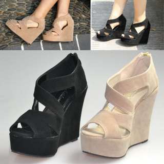   /Womens High Heels Platform Back Zip Cross Suede Wedge sandel shoe