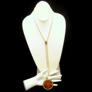 Vintage Long Necklace Fob Large Locket Reverse Carved Lucite Medallion 