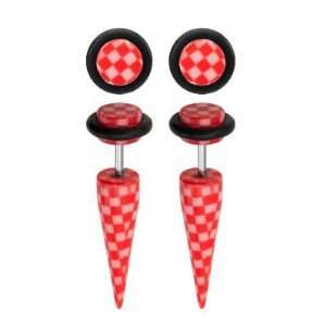 Acrylic   Red/White Checker Fake Taper   18g Ear Wire   Sold as a Pair