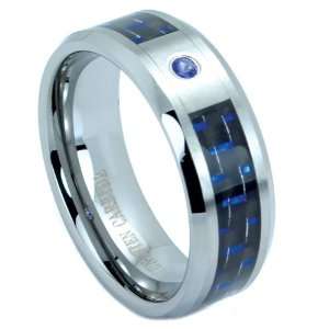 8mm Tungsten Carbide Wedding Band with Blue Sapphire & Blue Carbon 