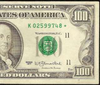1977 $100 DOLLAR BILL FEDERAL RESERVE STAR NOTE DALLAS Fr 2168 K* EF 