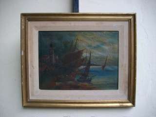 Great antique oil on canvas boats painting # 06414  