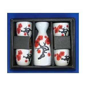  Ceramic White Japanese Saki Set with Red Plum Pictures 