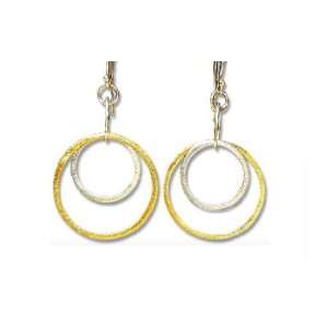  Two Tone (Silver and Yellow Gold) Brushed Hoop Earrings 