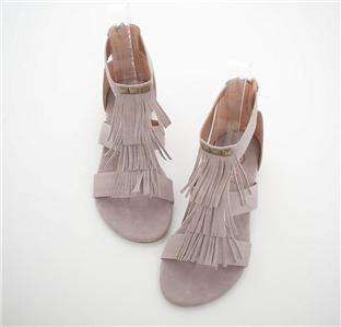 Fringed T Strap Ankle Flat Gladiator Sandals Brown Purp  