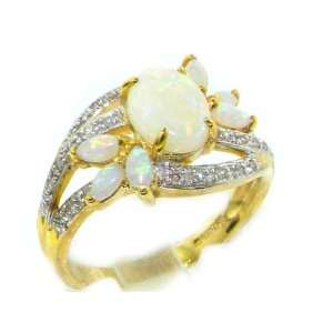 Luxury Elegant Womens 9K Yellow Gold Colorful Opal & Diamond Ring 