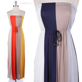 Strapless Multi Color Block Full Long Maxi Dress Front Ribbon Stretch 
