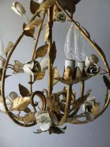 ANTIQUE ITALIAN SHABBY CHIC GOLD METAL TOLE CHANDELIER LAMP w WHITE 