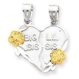  925 Silver Vermeil Flower Big Lil Sis Love Heart Charm 