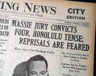 MASSIE MURDER TRIAL Thomas & Thalia Joseph Kahahawai Honolulu HI 1932 