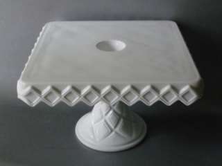 VTG WHITE MILK GLASS SQUARE CAKE PLATE STAND w RUM WELL HOLE ANTIQUE 