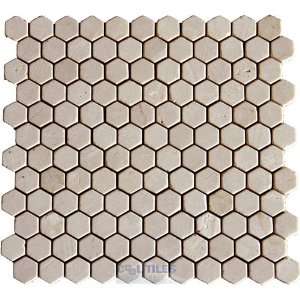  1 x 1 hexagon honed marble mosaic sheet in crema marfil 