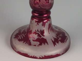 Moser Bohemian Cranberry Ruby Red Cut to Clear Etched Deer Candlestick 