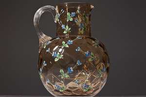 Unsigned Moser Art Glass Coin Dot Pitcher with All Over Enamel.  
