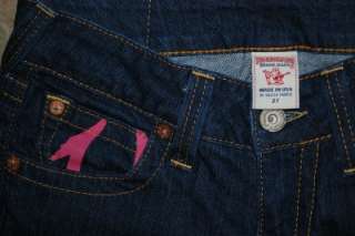 TRUE RELIGION Joey PINK Painted Pocket FLARE Dark Jeans sz 27 x 34 EUC 