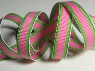   PINK AND LIME GREEN PREPPY STRIPE GROSGRAIN RIBBON 3 YARDS  
