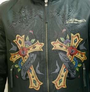   Christian Audigier Mens Biker Cross Motorcycle Lamb Leather Jacket L