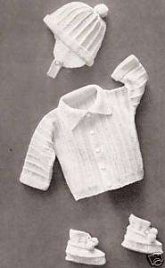 Baby Boy Set Hat Sweater Booties Knitting Pattern Vntg  