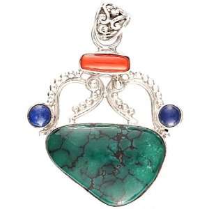  Spiders Web Turquoise Pendant with Coral and Lapis Lazuli 