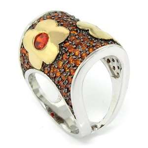 Fold over Flower Cocktail Sterling Silver Ring w/Orange CZs Size 8