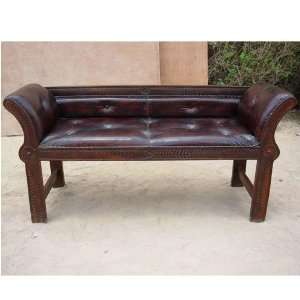   Solid Wood Leather Cushioned Handcarved Sofa Bench Furniture & Decor