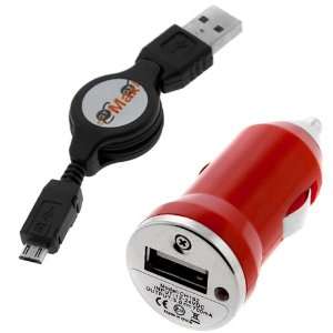 GTMax USB 2.0 A to Micro USB Retractable Cable + Red USB Car Charger 