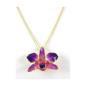    REAL FLOWER Gold Orchid Necklace Pendant Purple Pink Jewelry