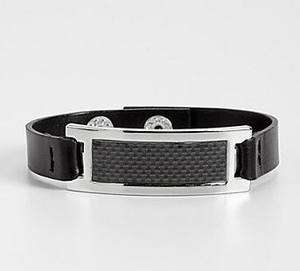   Mens Black Leather Bracelet with Carbon Fiber Plaque (BNWT)  