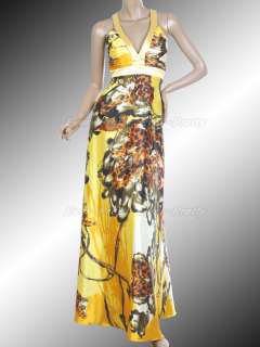 neck Yellows Floral Printed Cross Back Sexy Long Evening Gown 