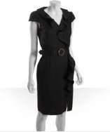 Tahari ASL black stretch cotton ruffle front belted shift dress style 